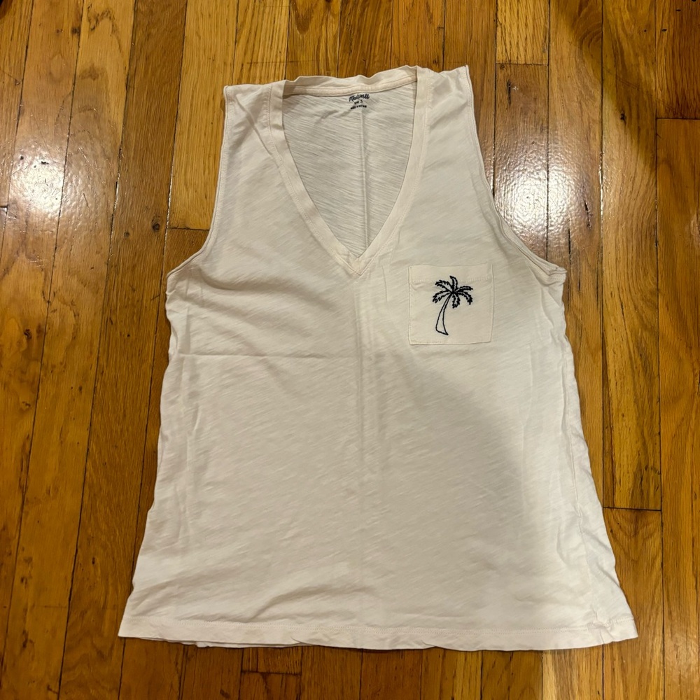 Madewell cream v-neck tank with palm tree-embroidered pocket tee